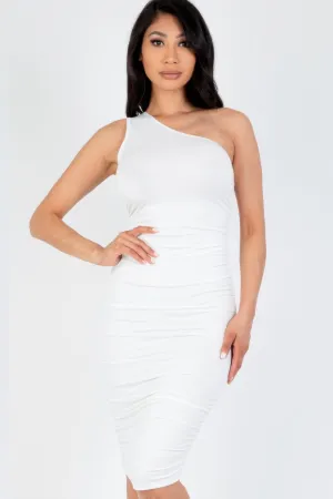 FASHNZFAB Women's Sexy Solid Color Ruched One Shoulder Midi Bodycon Dress