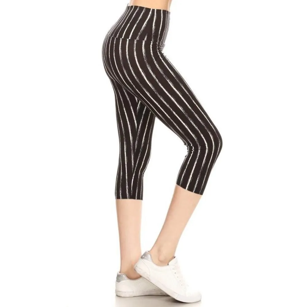FASHNZFAB Yoga Style Banded Lined Stripe Printed Knit Capri Legging