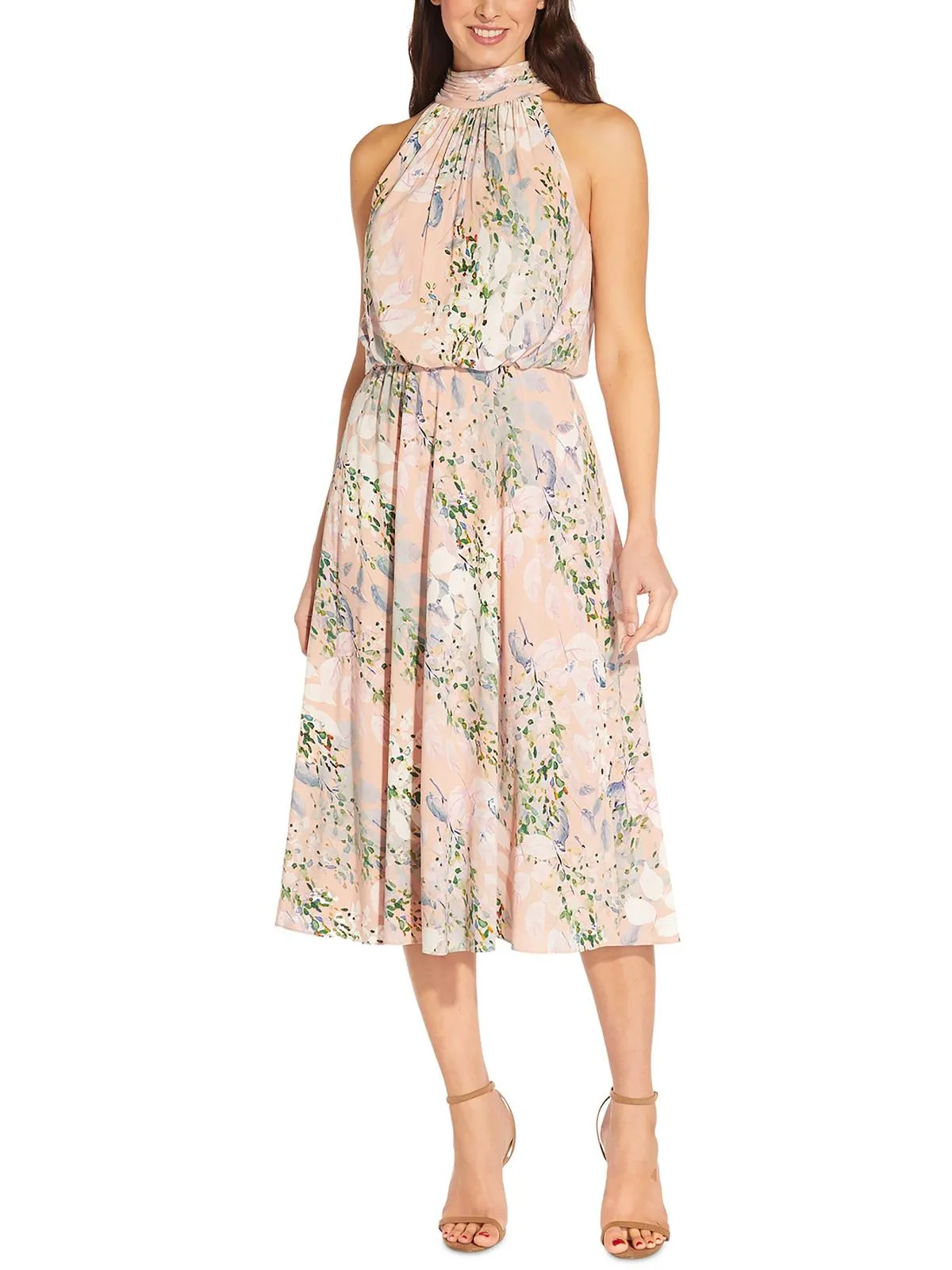 Womens Floral Print Mid Calf Halter Dress