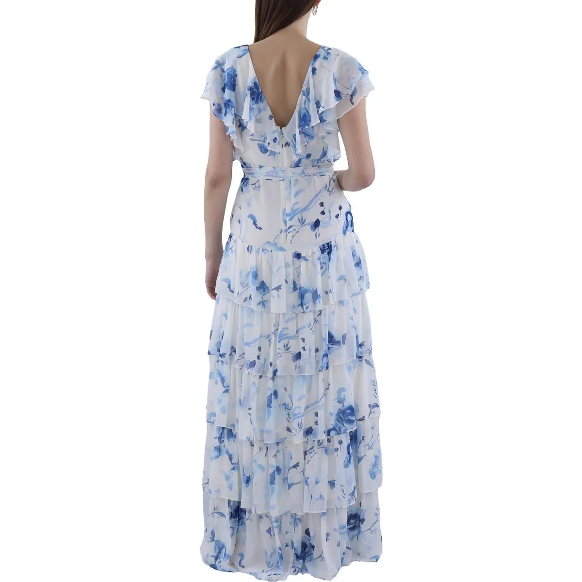 Womens Full Length Floral Print Evening Dress